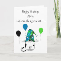 Fun Gnome Cat and Balloons Geburtstags Grußkarte
