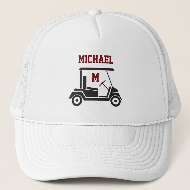 Fun Golf Guy Cart Monogram Name Truckerkappe (Vorderseite)