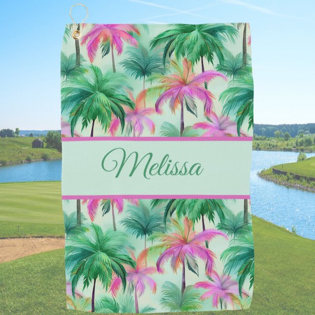 Fun green and pink ladies tropical palm tree golfhandtuch (Von Creator hochgeladen)