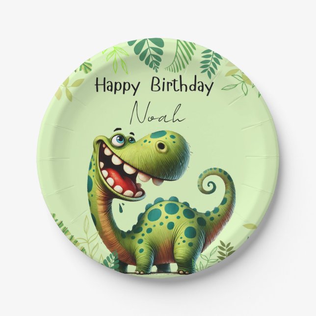 Fun green Dinosaur Childs Birthday Pappteller (Vorderseite)