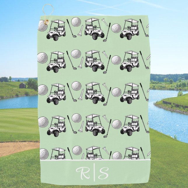 Fun Green Golf Balls Cute Cart Custom Monogram Golfhandtuch (Von Creator hochgeladen)