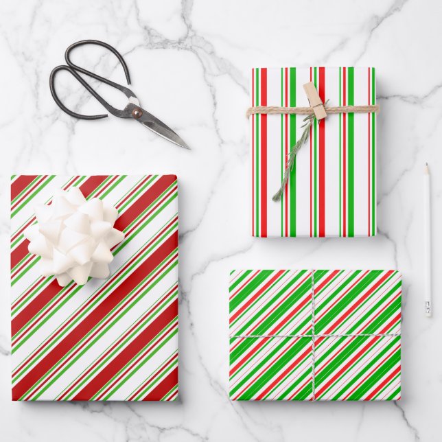 Fun Green, White, Red Christmas Inspirierte Streif Geschenkpapier Set (Vorderseite)