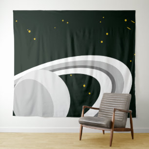 Fun Grey White Saturn Planet Rings Stars Space Wandteppich