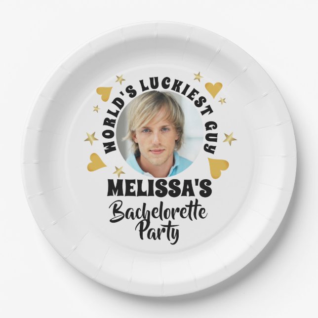 Fun Grooms Face Foto Junggeselinnen-Abschied Pappteller (Vorderseite)