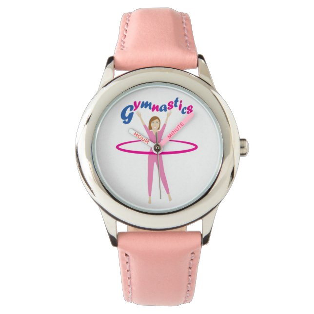 Fun Gymnastics Text mit Pink Hula Hoopgirl Armbanduhr (Vorderseite)