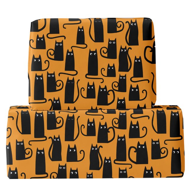 Fun Halloween Black Cat Orange Geschenkpapier (Fun Halloween black cat orange pattern gift wrapping paper roll)