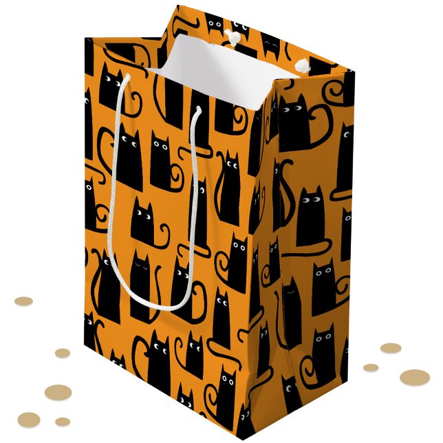 Fun Halloween Black Cat Orange Mittlere Geschenktüte (Fun Halloween black cat orange pattern gift bag)