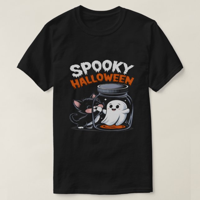 Fun Halloween Cat und Ghost-Fun Spooky Design T-Shirt (Design vorne)