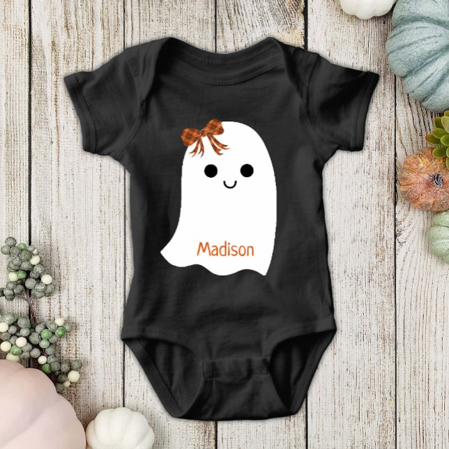 Fun Halloween Girl Ghost Kariert Bow Baby Name Baby Strampler (Von Creator hochgeladen)