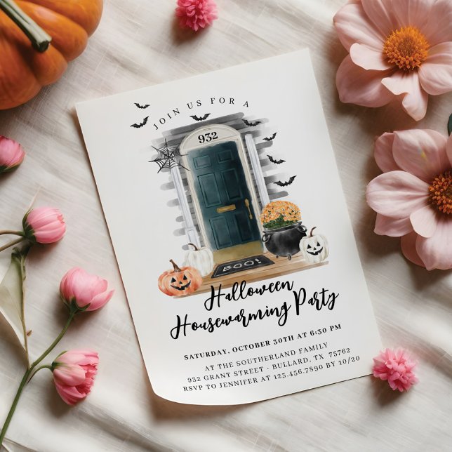 Fun Halloween Housewarming Party Green Front Door Ankündigung (Fun Halloween Housewarming Party Green Front Door Announcement)