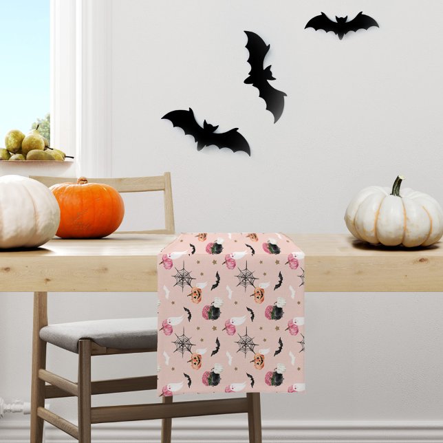 Fun Halloween Pink & Orange Pumpkin Spider Web Bat Kurzer Tischläufer (Fun Halloween Pink & Orange Pumpkin Spider Web Bat Short Table Runner)