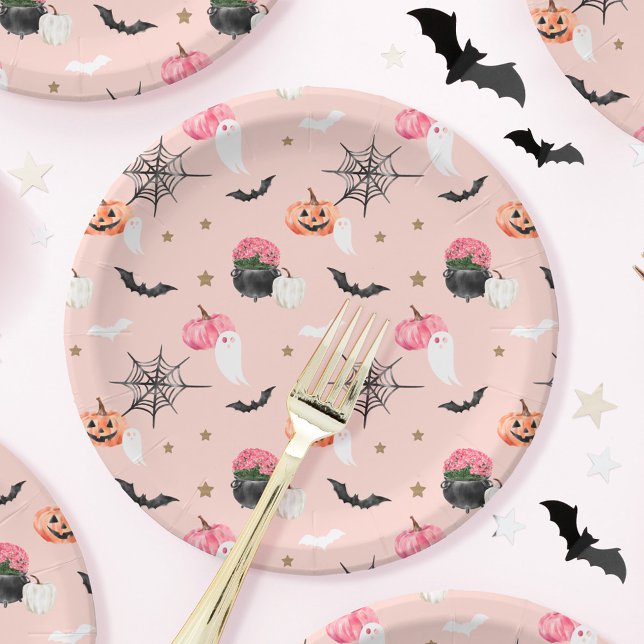 Fun Halloween Pink & Orange Pumpkin Spider Web Bat Pappteller (Fun Halloween Pink & Orange Pumpkin Spider Web Bat Paper Plates)