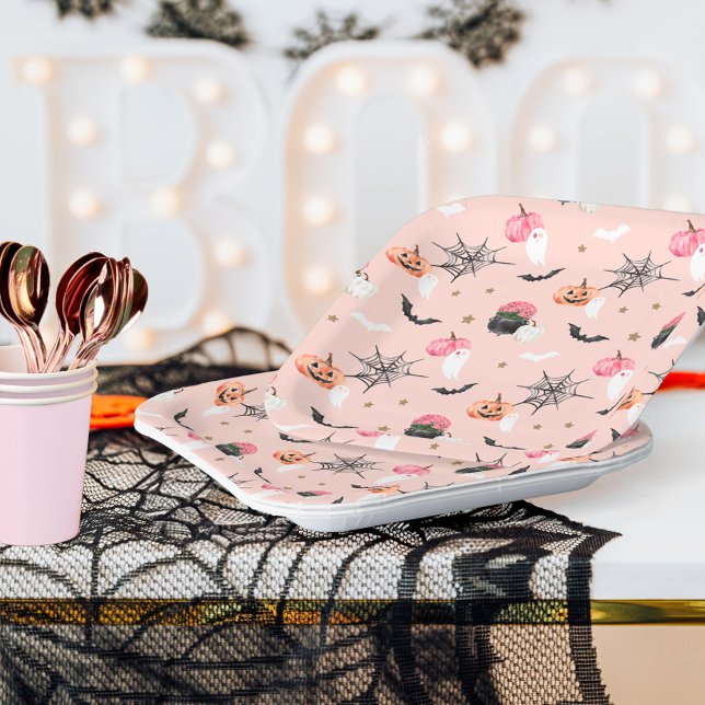 Fun Halloween Pink & Orange Pumpkin Spider Web Bat Pappteller (Fun Halloween Pink & Orange Pumpkin Spider Web Bat Paper Plates)