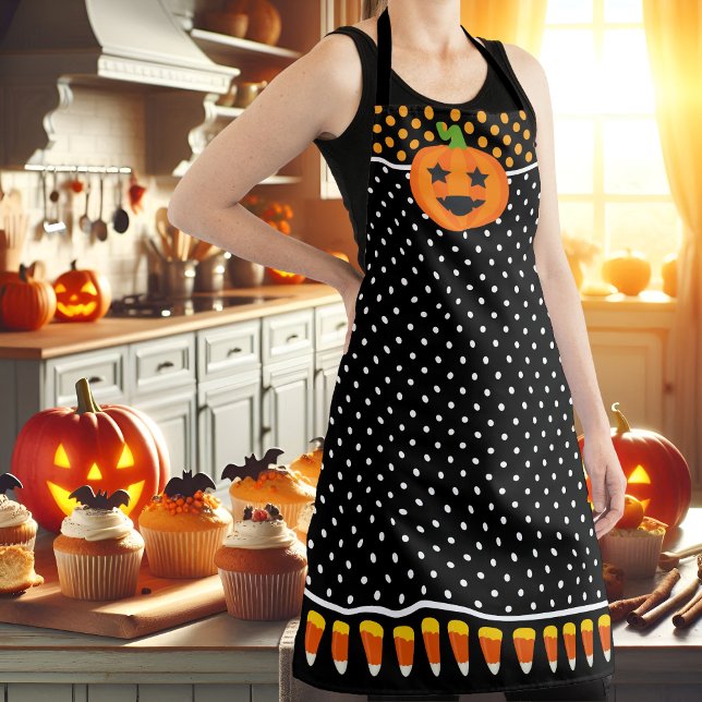 Fun Halloween Pumpkin Candy Corn Schürze (Halloween pumpkin and candy corn apron, with white polka dots on black background.)