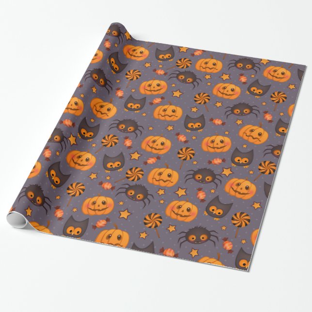Fun Halloween Pumpkins Muster Lila Hintergrund Geschenkpapier (Ungerollt)