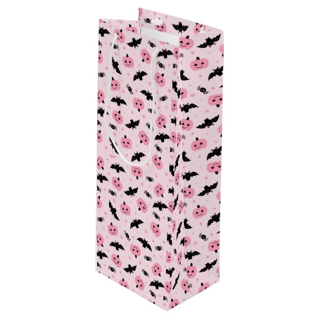 Fun Halloween Pumpkins und Bat Pattern Geschenktüte Für Weinflaschen (Vorderseite Schrägansicht)