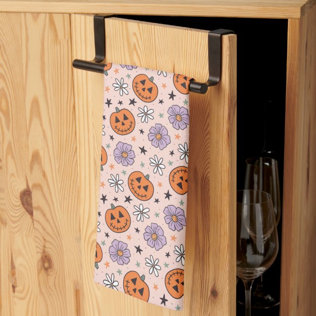 Fun Halloween Pumpkins und Blume Muster Geschirrtuch (Drittel gefaltet)