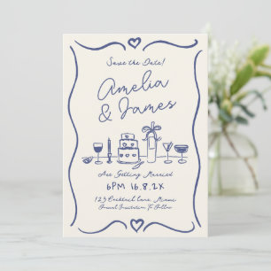 Fun Hand Drawn Quirky Blau Save the Date Hochzeit Einladung