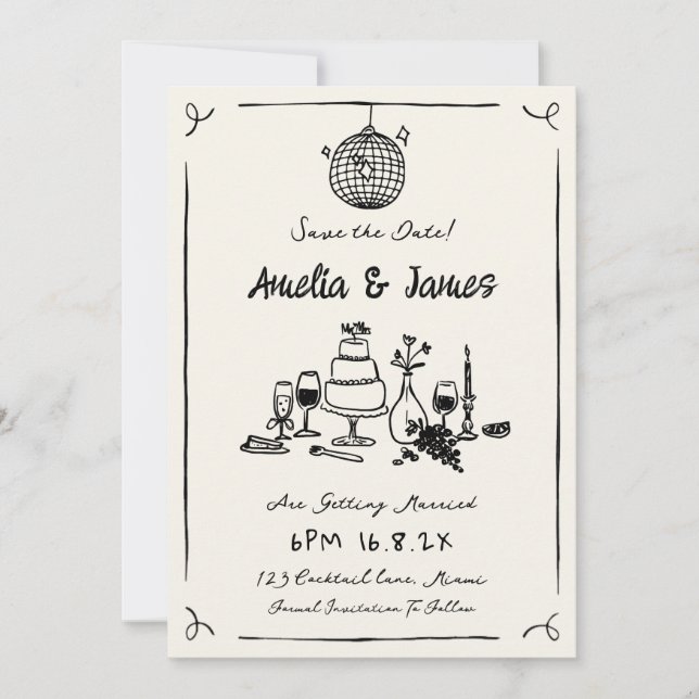 Fun Hand Drawn Save the Date Quirky Hochzeit Einladung (Vorderseite)