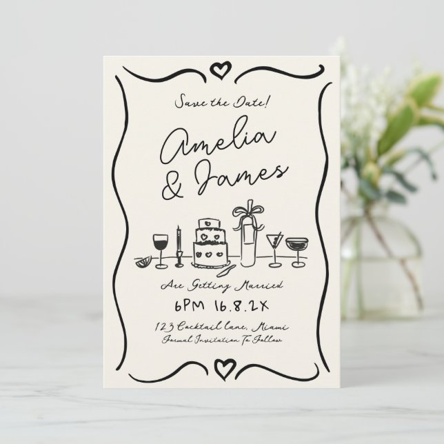 Fun Hand Drawn Save the Date Quirky Hochzeit Einladung (Stehend Vorderseite)