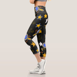 Fun handgezeichnetes Sternmuster Schwarzer moderne Capri Leggings