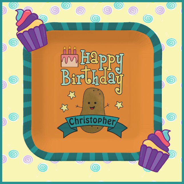 Fun Happy Birthday Potato Personalisiert Pappteller (Adorable potato personalized birthday paper plates.)
