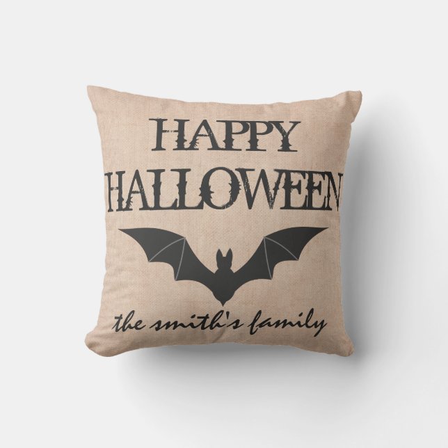 Fun Happy Halloween Trick oder Treat Bat Burlap Kissen (Vorderseite)