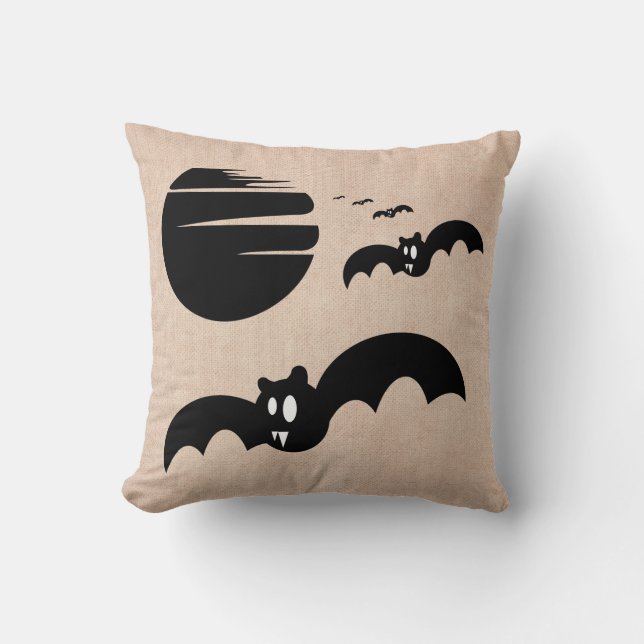 Fun Happy Halloween Trick oder Treat Bats Burlap Kissen (Vorderseite)