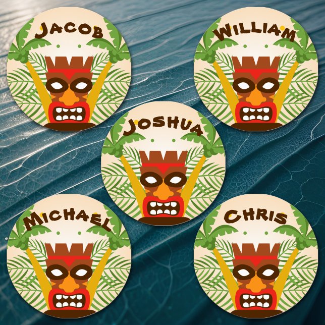 Fun Hawaiian Tiki Name Retro Island Vibes Kinder Etiketten (Retro Hawaiian tiki kids' name labels are playful, fun and full of island charm.)