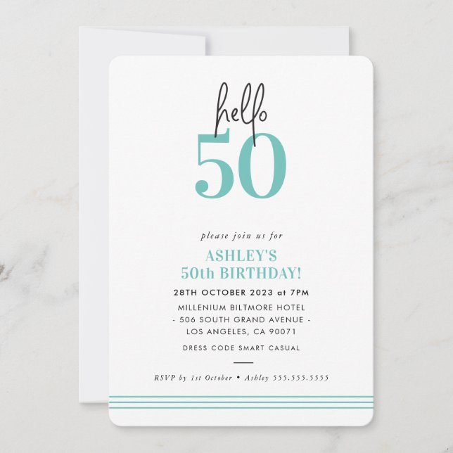 FUN hello 50 modern 50th birthday party mint Einladung (Vorderseite)