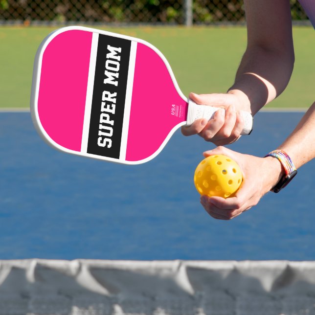 Fun Hellrosa Schwarz-weiße Streifen SUPER MAMA Tex Pickleball Schläger (InSitu)