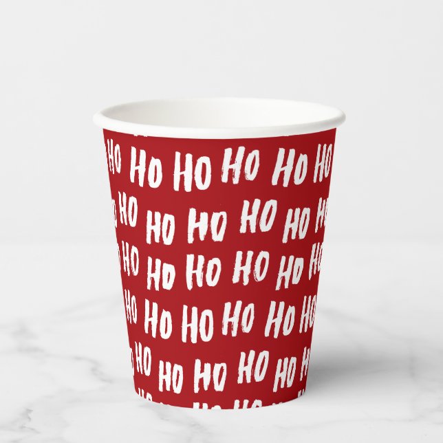 Fun Ho Ho Text Red Holiday Pattern Christmas v2 Pappbecher (Vorderseite)