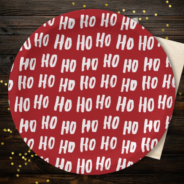 Fun Ho Ho Text Red Holiday Pattern Christmas v2 Pappteller (Von Creator hochgeladen)