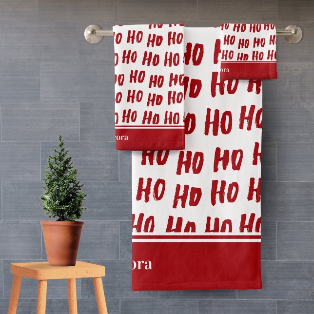 Fun Ho Ho Text Red Holiday Pattern Weihnachten Badhandtuch Set (Von Creator hochgeladen)
