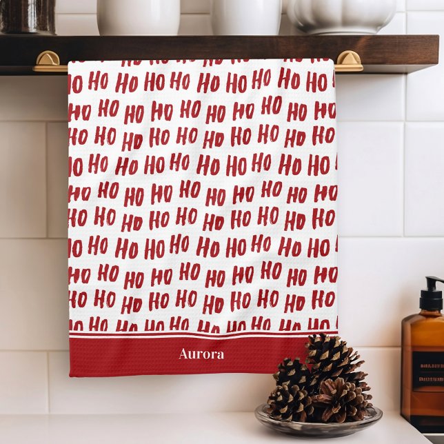 Fun Ho Ho Text Red Holiday Pattern Weihnachten Geschirrtuch (Von Creator hochgeladen)
