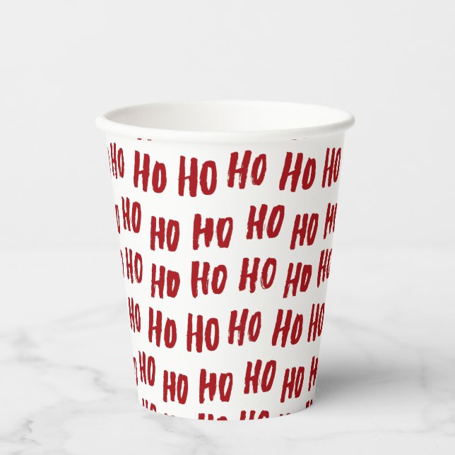 Fun Ho Ho Text Red Holiday Pattern Weihnachten Pappbecher (Vorderseite)