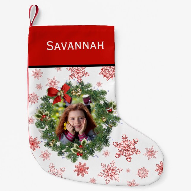 Fun Holiday Wreath Foto Rahmen Rote Schneeflocken Kleiner Weihnachtsstrumpf (Vorderseite)