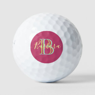 Fun Hot Pink Blue Yellow Custom Monogram Name Golfball