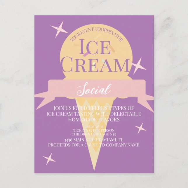 Fun Ice Cream Social Flyer Einladung Lila Postkarte (Vorderseite)