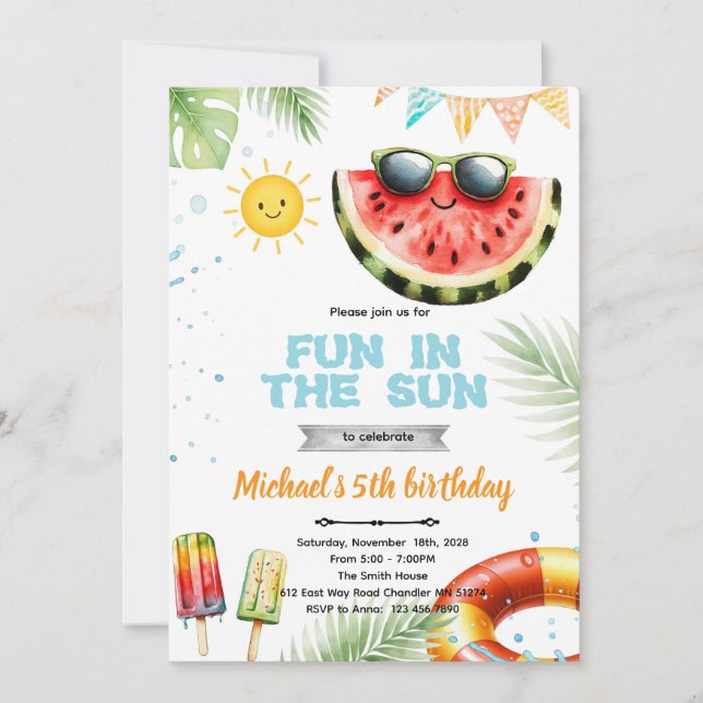 Fun in the sun pool theme invitation einladung (Vorderseite)