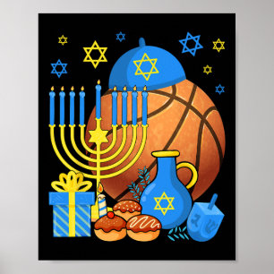 Fun Jewish Bysketbyll Byll Menorah Happy Hanukkah Poster