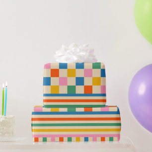Fun Karo Farbiges Schachbrett Streifen Retro 80er  Geschenkpapier