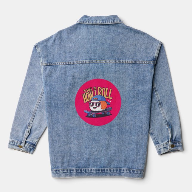 Fun Kawaii Sushi auf Skateboard Jeansjacke (Rückseite)