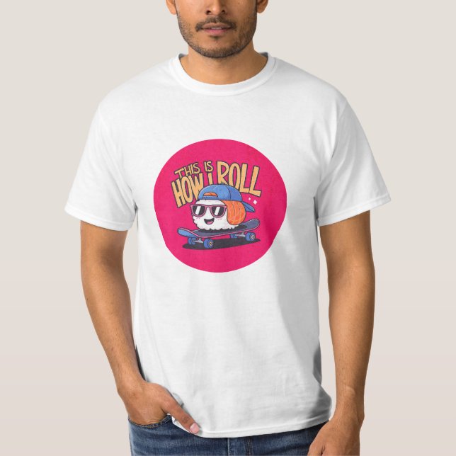 Fun Kawaii Sushi auf Skateboard T-Shirt (Vorderseite)