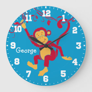 Fun kids name monkey red, blue & white wall clock große wanduhr