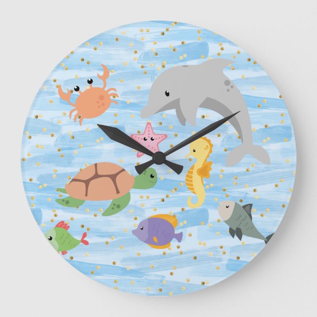 Fun Kids niedliche Meerestiere Delphin Schildkröte Große Wanduhr (Vorderseite)