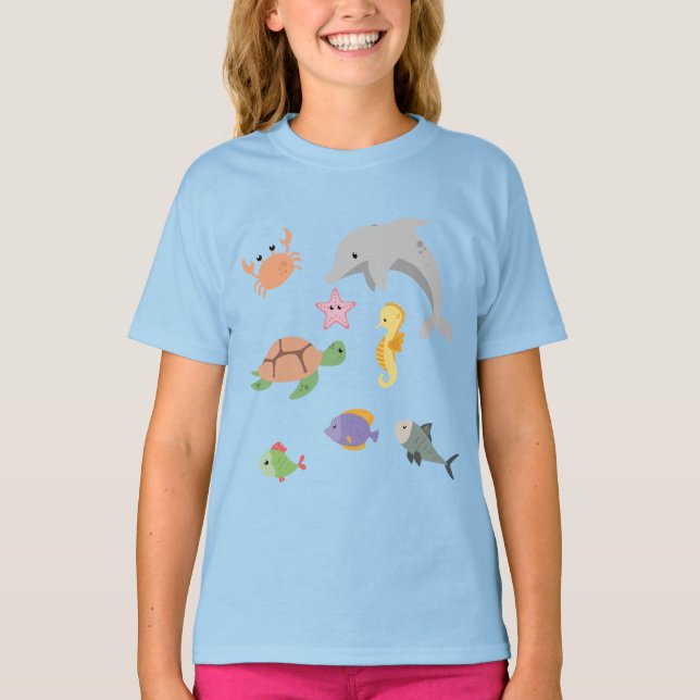 Fun Kids niedliche Meerestiere Delphin Schildkröte T-Shirt (Vorderseite)