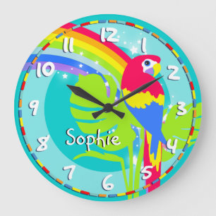 Fun kids rainbow macaw parrot name aqua wall clock große wanduhr