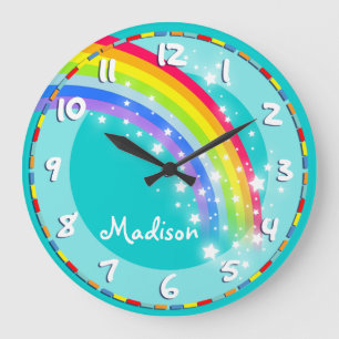 Fun kids rainbow name aqua wall clock große wanduhr