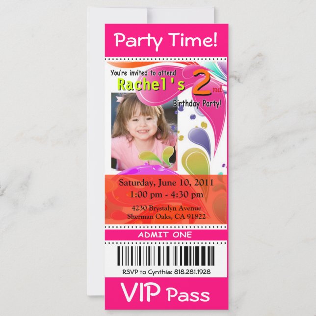 Fun Kids VIP Pass Event Ticket Foto Party fuschia Einladung (Vorderseite)